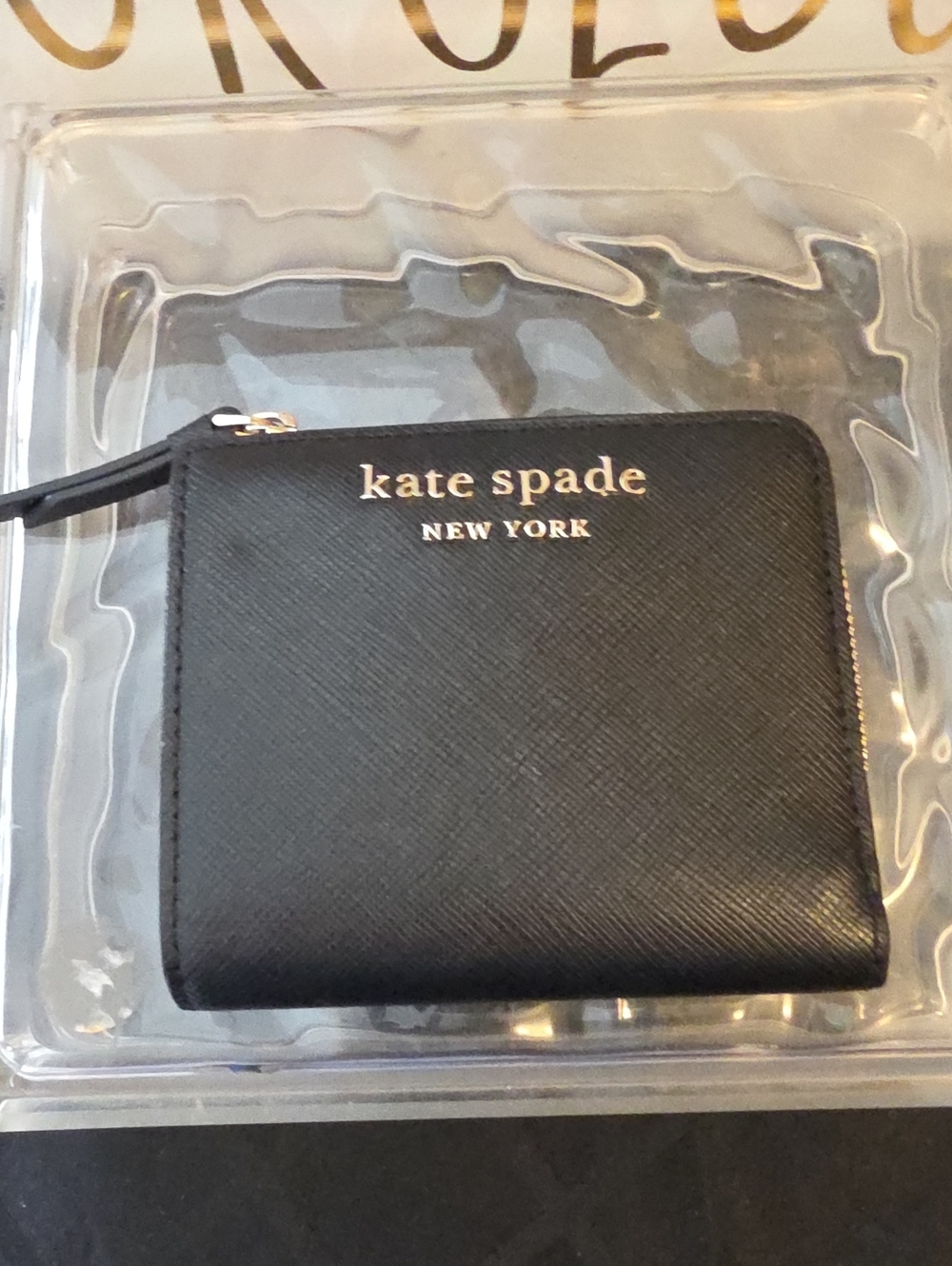 kate spade Black Compact Zip Wallet with Gold Logo
